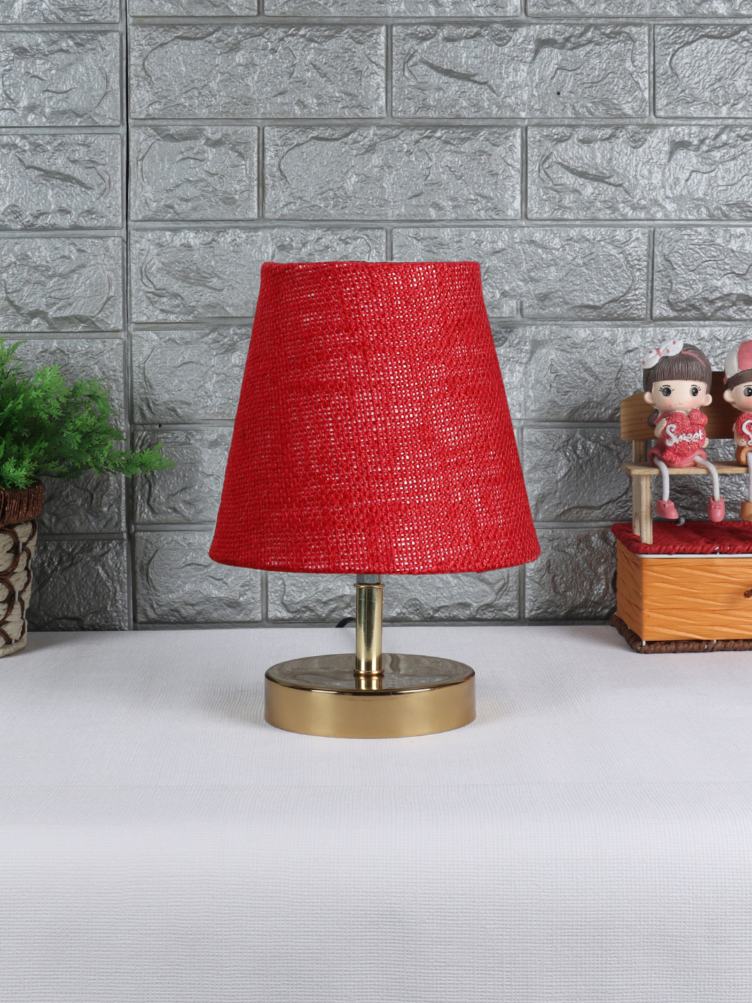 Ambika Home Maroon Jute Shade Wooden Table Lamp | Modern Bedside Lamp for Bedroom, Living Room, Hotel, Café & Home Décor