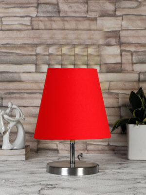 Ambika Home Red Cotton Shade Wooden Table Lamp | Modern Bedside Lamp for Bedroom, Living Room, Hotel, Café & Home Décor