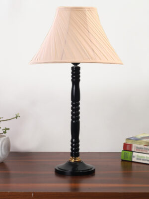 Ambika Home Modern Black  Wood Table Lamp with off-white  Cotton  Shade | Decorative Bedside Lamp for Bedroom, Living Room, Hotel & Office | E27 Holder | BH22