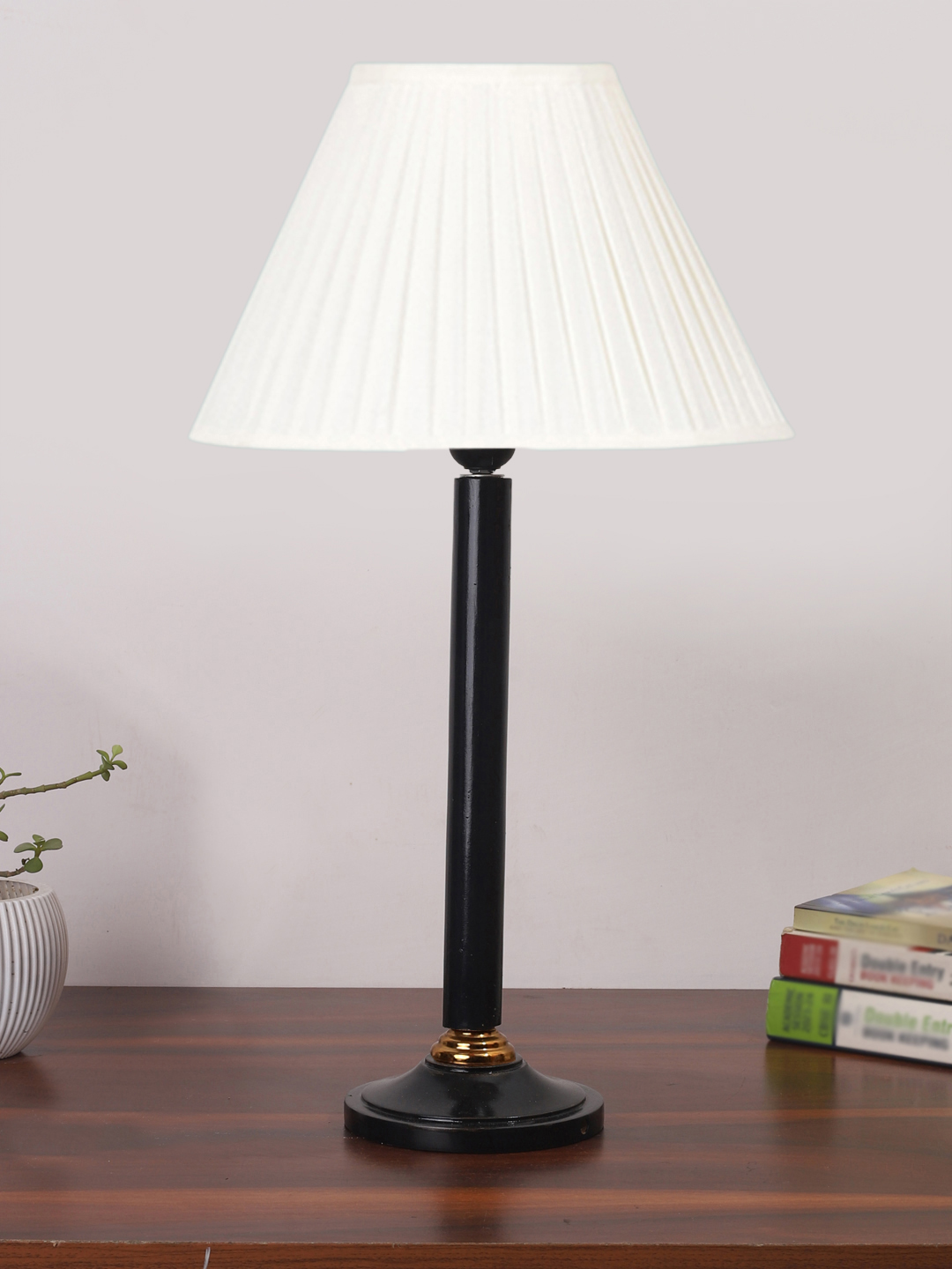 Ambika Home Rustic Black Wood Table Lamp with off-white Cotton Shade | Decorative Bedside Lamp for Bedroom, Living Room, Hotel & Office | E27 Holder | BH45