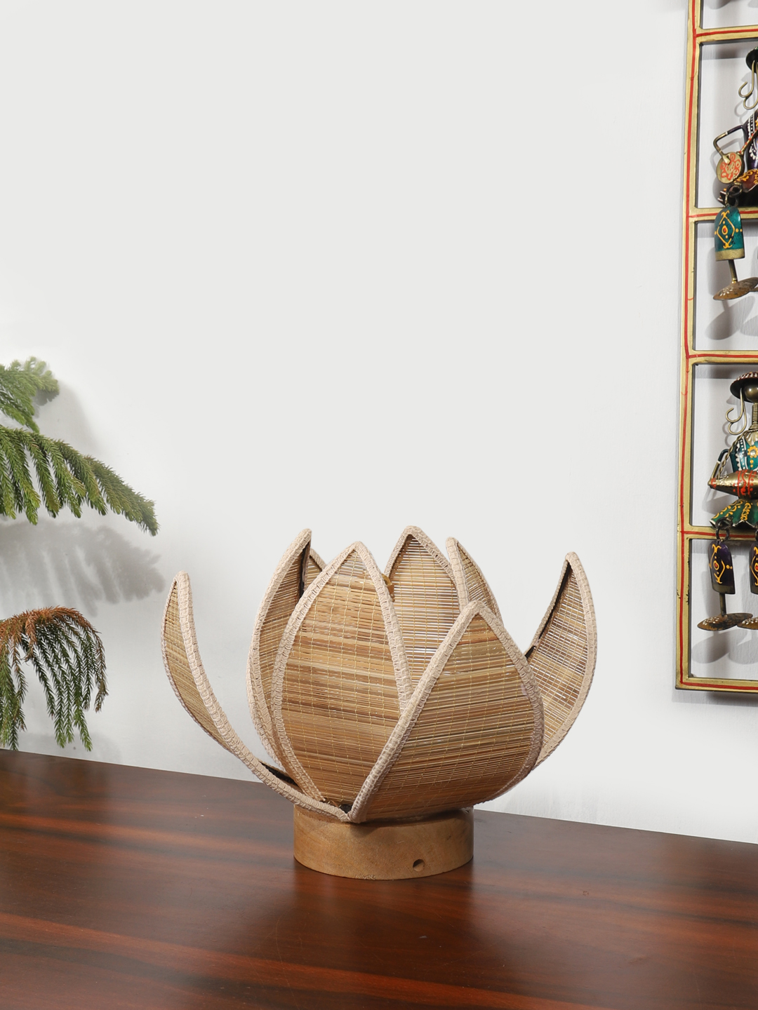 Ambika Home Premium Handmade Beige Bamboo Kamal Table Lamp with Round & Natural Wooden Base | Boho Bedside Lamp for Bedroom, Living Room, Hotel, Café & Office | E27 Holder