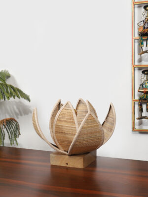 Ambika Home Premium Handmade Beige Bamboo Kamal Table Lamp with Square & Natural Wooden Base | Boho Bedside Lamp for Bedroom, Living Room, Hotel, Café & Office | E27 Holder