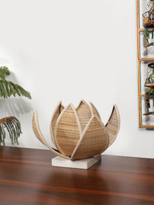 Ambika Home Premium Handmade Beige Bamboo Kamal Table Lamp with Square & White Wooden Base | Boho Bedside Lamp for Bedroom, Living Room, Hotel, Café & Office | E27 Holder