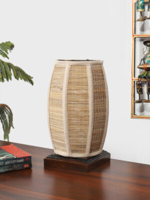 Ambika Home Premium Handmade Beige Bamboo Dholak Table Lamp with Square & Brown Wooden Base | Boho Bedside Lamp for Bedroom, Living Room, Hotel, Café & Office | E27 Holder