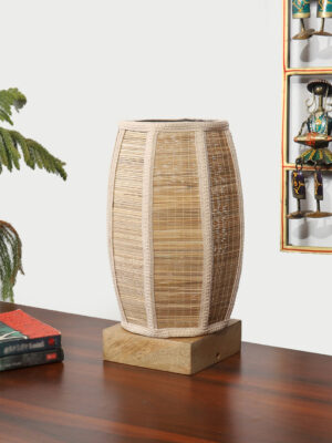 Ambika Home Premium Handmade Beige Bamboo Dholak Table Lamp with Square & Natural Wooden Base | Boho Bedside Lamp for Bedroom, Living Room, Hotel, Café & Office | E27 Holder