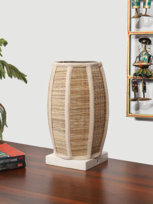 Ambika Home Premium Handmade Beige Bamboo Dholak Table Lamp with Square & White Wooden Base | Boho Bedside Lamp for Bedroom, Living Room, Hotel, Café & Office | E27 Holder