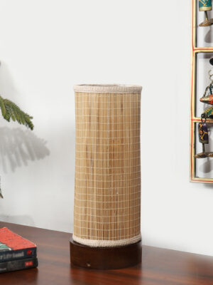Ambika Home Premium Handmade Beige Bamboo Round Table Lamp with Round & Brown Wooden Base | Boho Bedside Lamp for Bedroom, Living Room, Hotel, Café & Office | E27 Holder