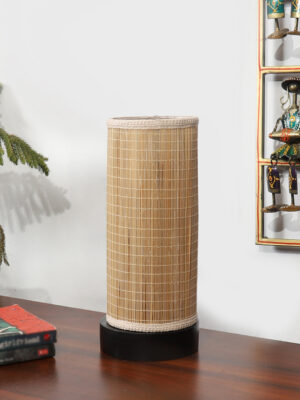 Ambika Home Premium Handmade Beige Bamboo Round Table Lamp with Round & Black Wooden Base | Boho Bedside Lamp for Bedroom, Living Room, Hotel, Café & Office | E27 Holder