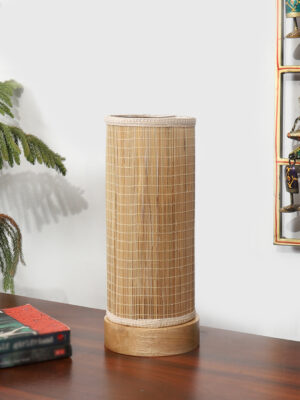Ambika Home Premium Handmade Beige Bamboo Round Table Lamp with Round & Natural Wooden Base | Boho Bedside Lamp for Bedroom, Living Room, Hotel, Café & Office | E27 Holder