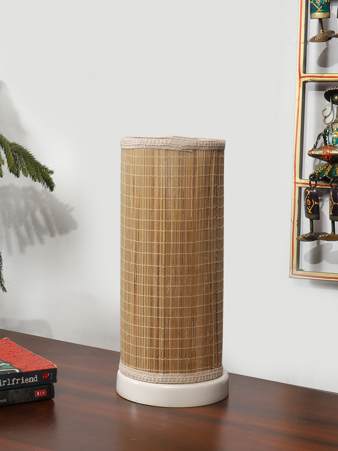Ambika Home Premium Handmade Beige Bamboo Round Table Lamp with Round & White Wooden Base | Boho Bedside Lamp for Bedroom, Living Room, Hotel, Café & Office | E27 Holder