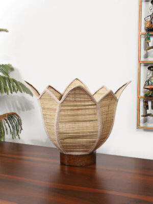 Ambika Home Premium Handmade Beige Bamboo Lotus Table Lamp with Round & Brown Wooden Base | Boho Bedside Lamp for Bedroom, Living Room, Hotel, Café & Office | E27 Holder
