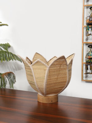 Ambika Home Premium Handmade Beige Bamboo Lotus Table Lamp with Round & Natural Wooden Base | Boho Bedside Lamp for Bedroom, Living Room, Hotel, Café & Office | E27 Holder