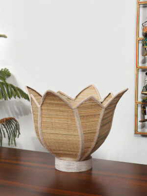 Ambika Home Premium Handmade Beige Bamboo Lotus Table Lamp with Round & White Brushed Wooden Base | Boho Bedside Lamp for Bedroom, Living Room, Hotel, Café & Office | E27 Holder
