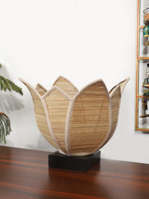 Ambika Home Premium Handmade Beige Bamboo Lotus Table Lamp with Round & Black Wooden Base | Boho Bedside Lamp for Bedroom, Living Room, Hotel, Café & Office | E27 Holder