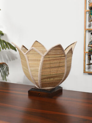 Ambika Home Premium Handmade Beige Bamboo Lotus Table Lamp with Square & Black Wooden Base | Boho Bedside Lamp for Bedroom, Living Room, Hotel, Café & Office | E27 Holder