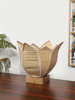 Ambika Home Premium Handmade Beige Bamboo Lotus Table Lamp with Square & Natural Wooden Base | Boho Bedside Lamp for Bedroom, Living Room, Hotel, Café & Office | E27 Holder