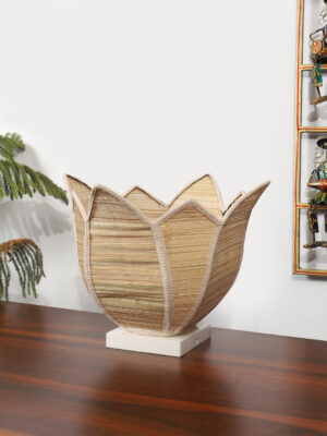 Ambika Home Premium Handmade Beige Bamboo Lotus Table Lamp with Square & White Wooden Base | Boho Bedside Lamp for Bedroom, Living Room, Hotel, Café & Office | E27 Holder