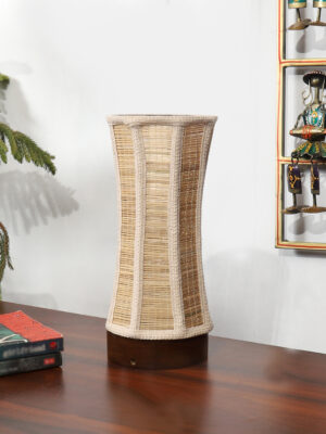 Ambika Home Premium Handmade Beige Bamboo Damru Table Lamp with Round & Brown Wooden Base | Boho Bedside Lamp for Bedroom, Living Room, Hotel, Café & Office | E27 Holder