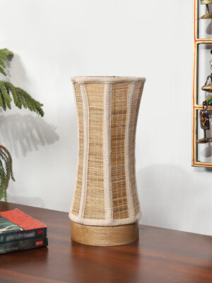 Ambika Home Premium Handmade Beige Bamboo Damru Table Lamp with Rownd & White Brushed Wooden Base | Boho Bedside Lamp for Bedroom, Living Room, Hotel, Café & Office | E27 Holder