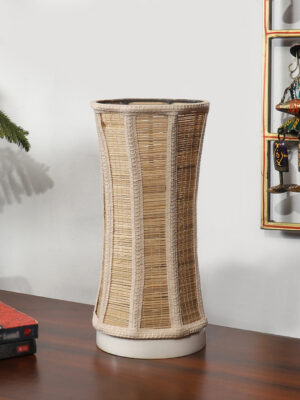 Ambika Home Premium Handmade Beige Bamboo Damru Table Lamp with Round & White Wooden Base | Boho Bedside Lamp for Bedroom, Living Room, Hotel, Café & Office | E27 Holder
