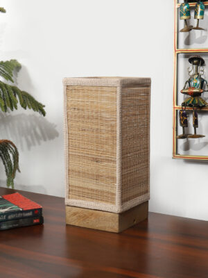 Ambika Home Premium Handmade Beige Bamboo Square Table Lamp with Natural & Square Wooden Base | Boho Bedside Lamp for Bedroom, Living Room, Hotel, Café & Office | E27 Holder