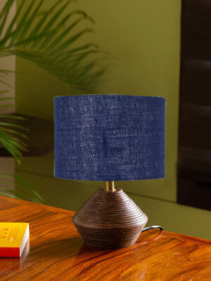 Ambika Home Wood Table Lamp with Blue Jute  Shade | Decorative Bedside Lamp for Bedroom, Living Room, Dining Room, Study Room, Office, Hotel, Café & Restaurant | Modern Home Décor | E27 Holder