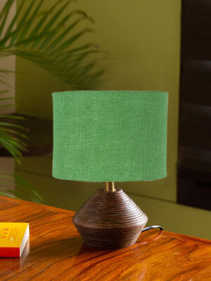 Ambika Home Wood Table Lamp with Green Jute Shade | Decorative Bedside Lamp for Bedroom, Living Room, Dining Room, Study Room, Office, Hotel, Café & Restaurant | Modern Home Décor | E27 Holder