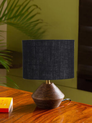 Ambika Home Wood Table Lamp with Black Jute Shade | Decorative Bedside Lamp for Bedroom, Living Room, Dining Room, Study Room, Office, Hotel, Café & Restaurant | Modern Home Décor | E27 Holder