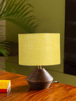 Ambika Home Wood Table Lamp with Yellow Jute Shade | Decorative Bedside Lamp for Bedroom, Living Room, Dining Room, Study Room, Office, Hotel, Café & Restaurant | Modern Home Décor | E27 Holder