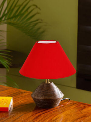 Ambika Home Wood Table Lamp with Red cotton  Shade | Decorative Bedside Lamp for Bedroom, Living Room, Dining Room, Study Room, Office, Hotel, Café & Restaurant | Modern Home Décor | E27 Holder