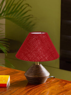Ambika Home Wood Table Lamp with Maroon Jute Shade | Decorative Bedside Lamp for Bedroom, Living Room, Dining Room, Study Room, Office, Hotel, Café & Restaurant | Modern Home Décor | E27 Holder