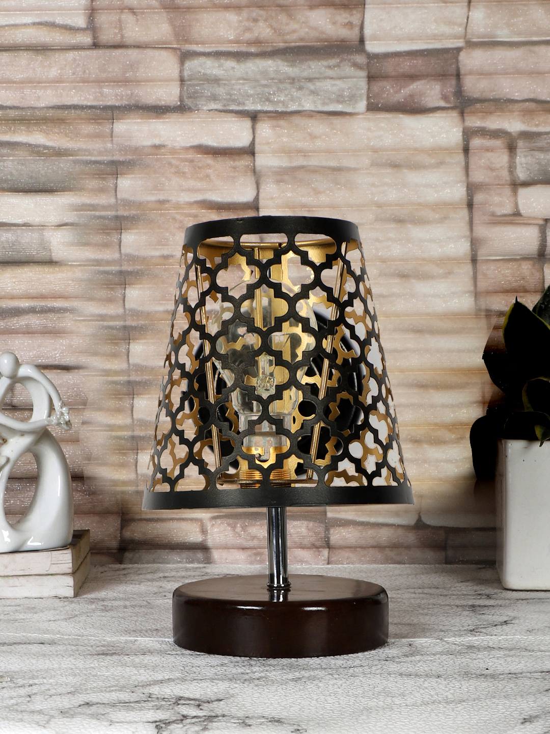 Ambika Home Black Metal Shade Wooden Table Lamp | Modern Bedside Lamp for Bedroom, Living Room, Hotel, Café & Home Décor