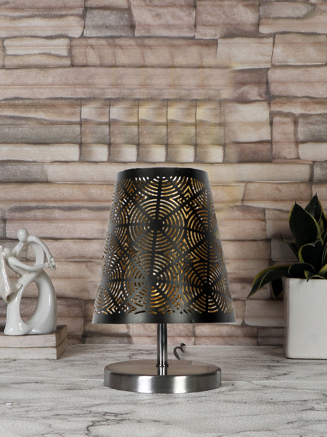 Ambika Home Black Metal Shade Wooden Table Lamp | Modern Bedside Lamp for Bedroom, Living Room, Hotel, Café & Home Décor
