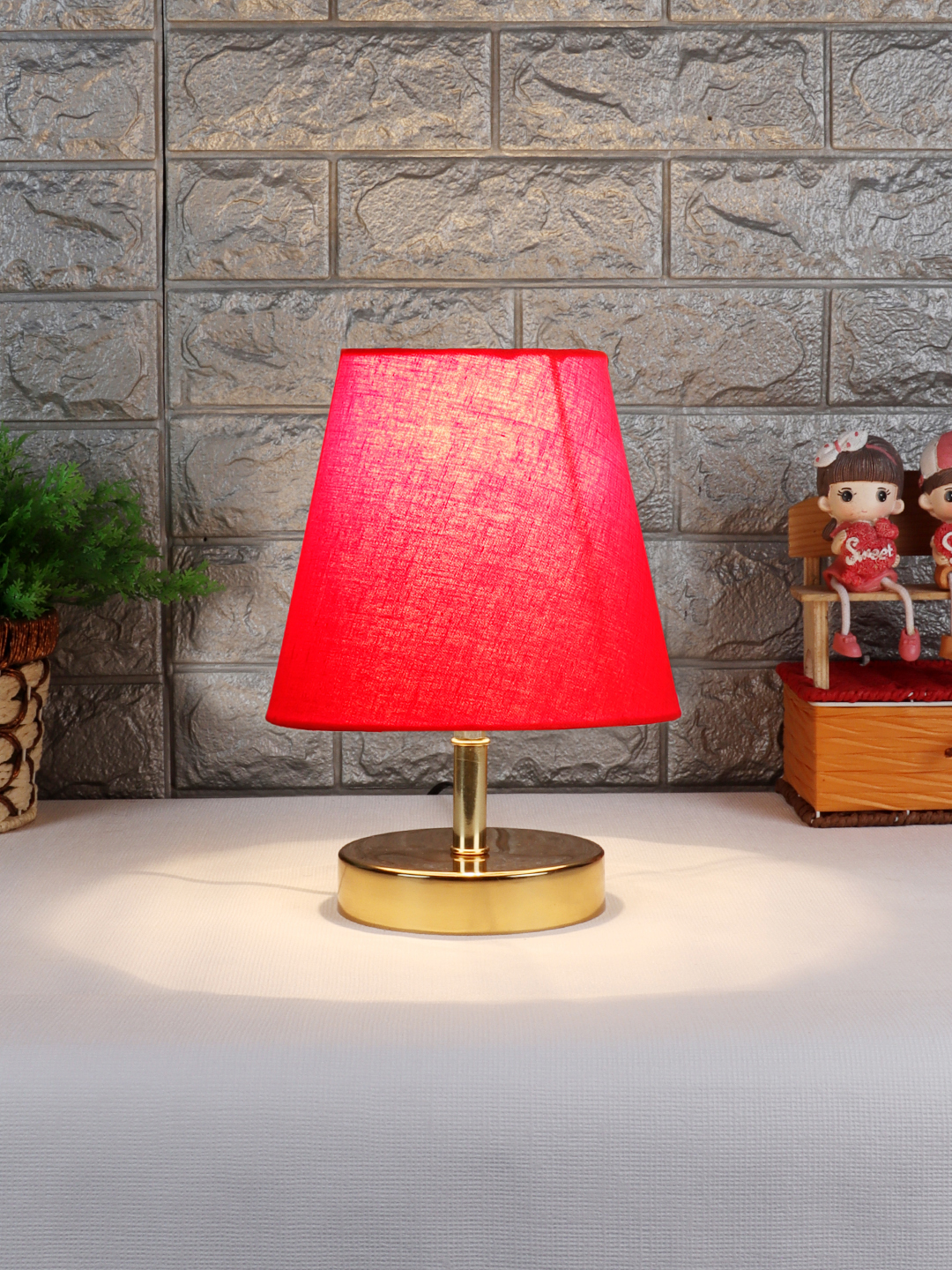 Ambika Home Red Cotton Shade Wooden Table Lamp | Modern Bedside Lamp for Bedroom, Living Room, Hotel, Café & Home Décor - Image 2