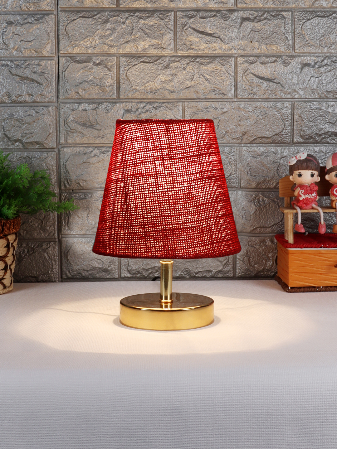 Ambika Home Maroon Jute Shade Wooden Table Lamp | Modern Bedside Lamp for Bedroom, Living Room, Hotel, Café & Home Décor - Image 2