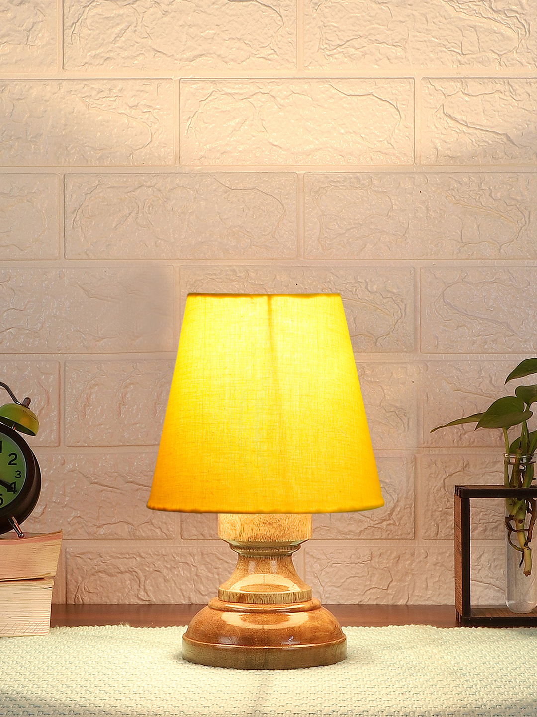 Ambika Home Yellow Cotton Shade Wooden Table Lamp | Modern Bedside Lamp for Bedroom, Living Room, Hotel, Café & Home Décor - Image 2