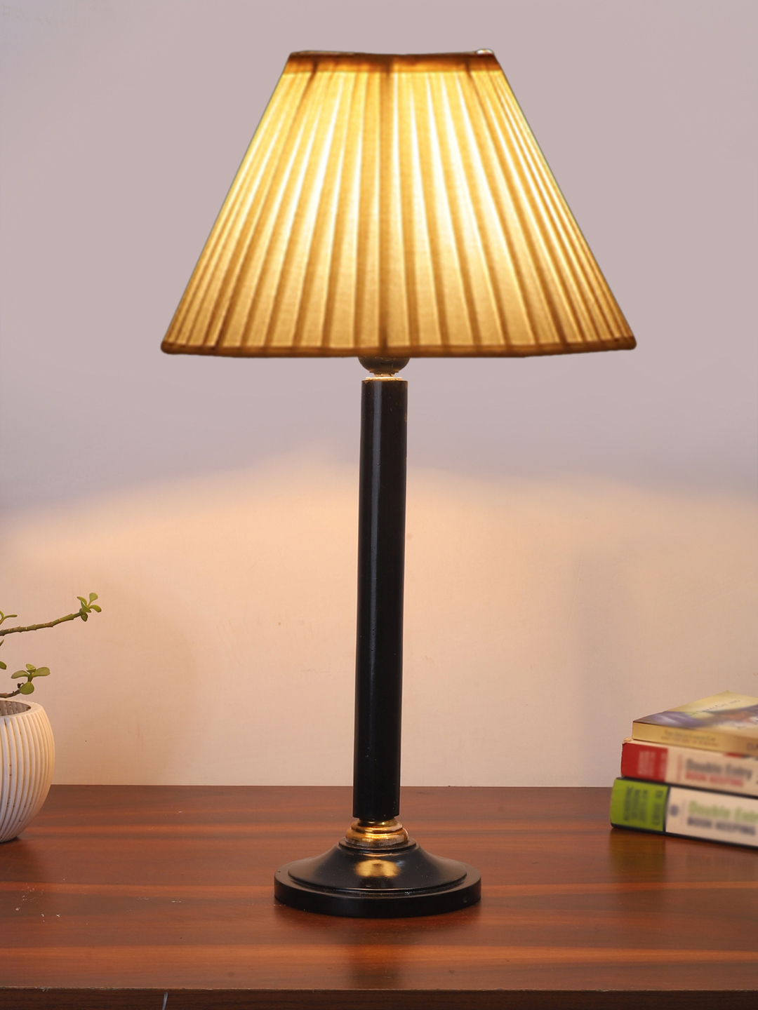 Ambika Home Rustic Black Wood Table Lamp with off-white Cotton Shade | Decorative Bedside Lamp for Bedroom, Living Room, Hotel & Office | E27 Holder | BH45 - Image 2