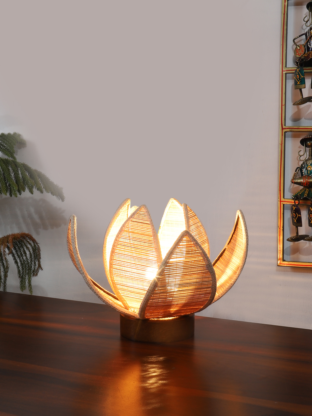 Ambika Home Premium Handmade Beige Bamboo Kamal Table Lamp with Round & Brown Wooden Base | Boho Bedside Lamp for Bedroom, Living Room, Hotel, Café & Office | E27 Holder - Image 2