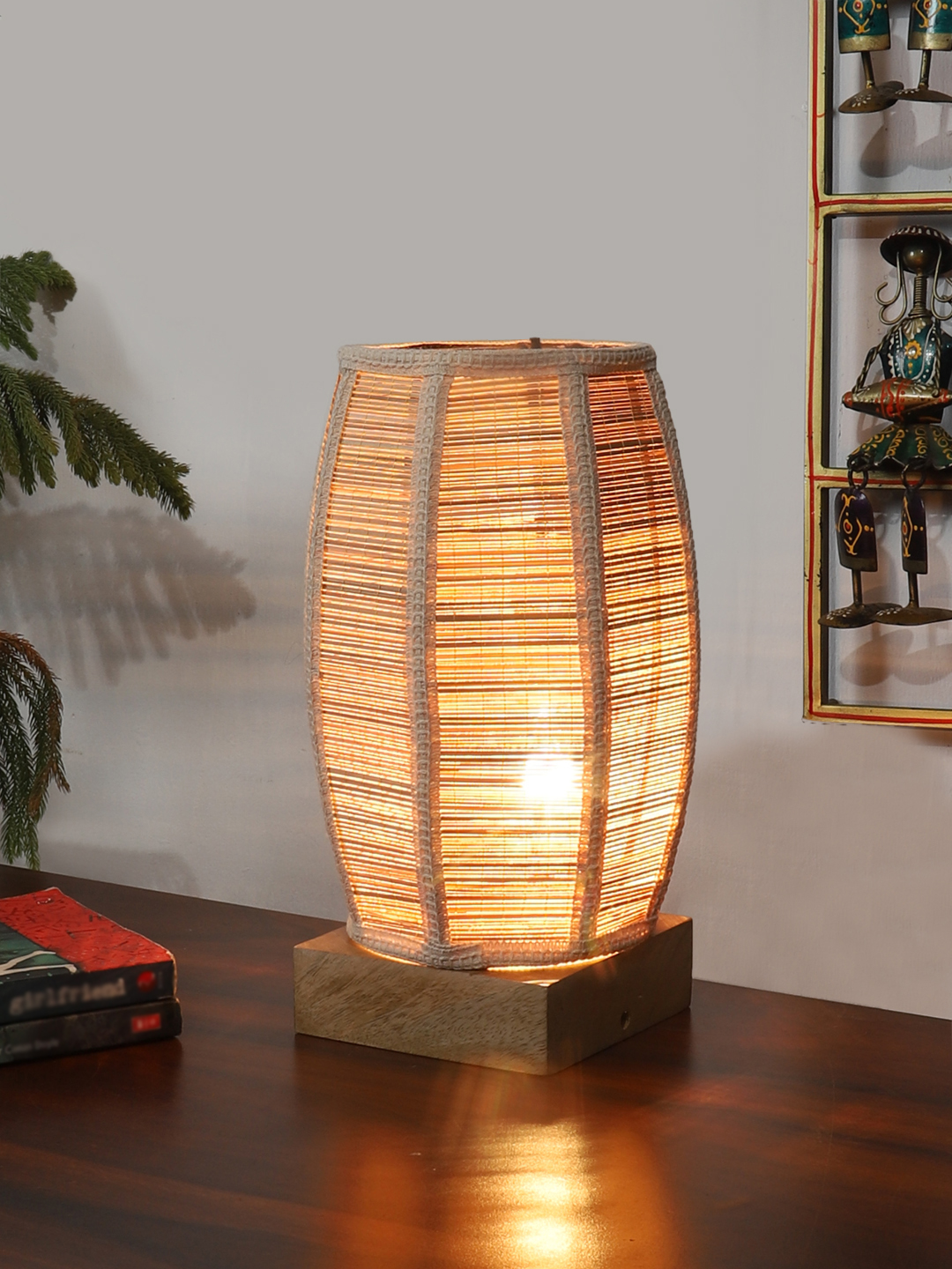 Ambika Home Premium Handmade Beige Bamboo Dholak Table Lamp with Square & Natural Wooden Base | Boho Bedside Lamp for Bedroom, Living Room, Hotel, Café & Office | E27 Holder - Image 2