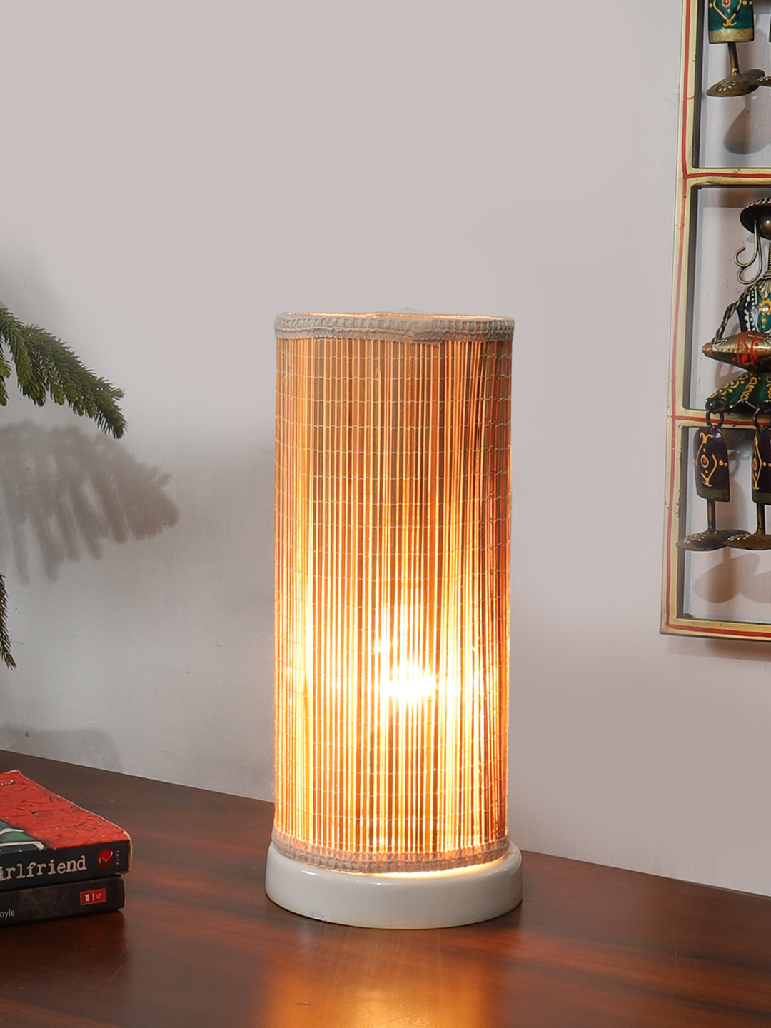 Ambika Home Premium Handmade Beige Bamboo Round Table Lamp with Round & White Wooden Base | Boho Bedside Lamp for Bedroom, Living Room, Hotel, Café & Office | E27 Holder - Image 2