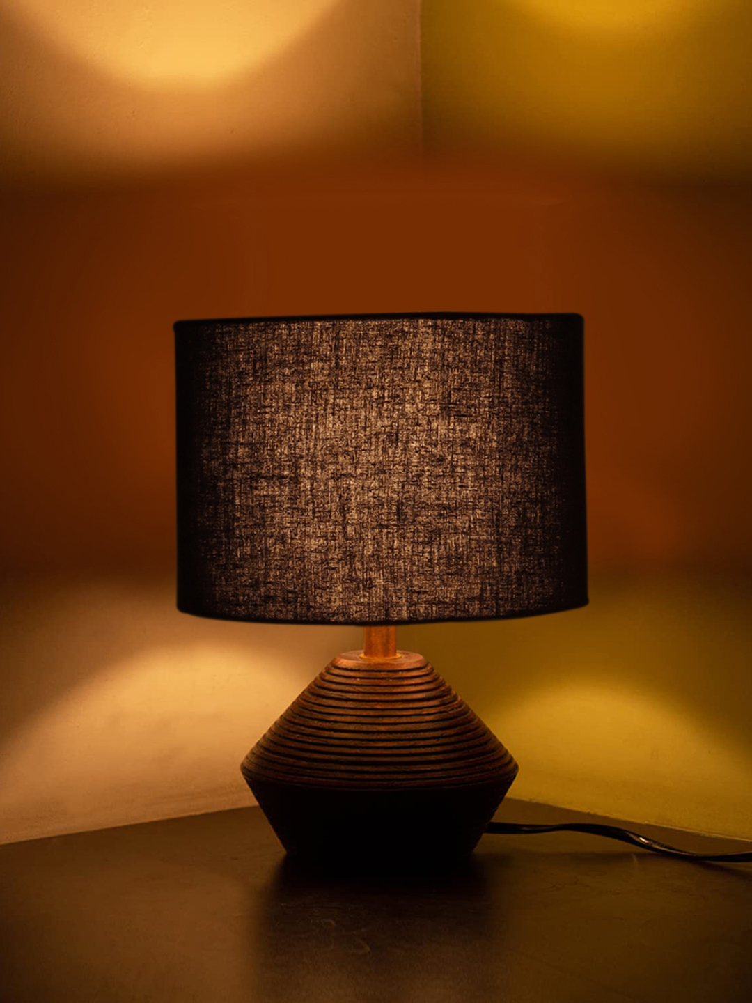 Ambika Home Wood Table Lamp with Black cotton Shade | Decorative Bedside Lamp for Bedroom, Living Room, Dining Room, Study Room, Office, Hotel, Café & Restaurant | Modern Home Décor | E27 Holder - Image 2