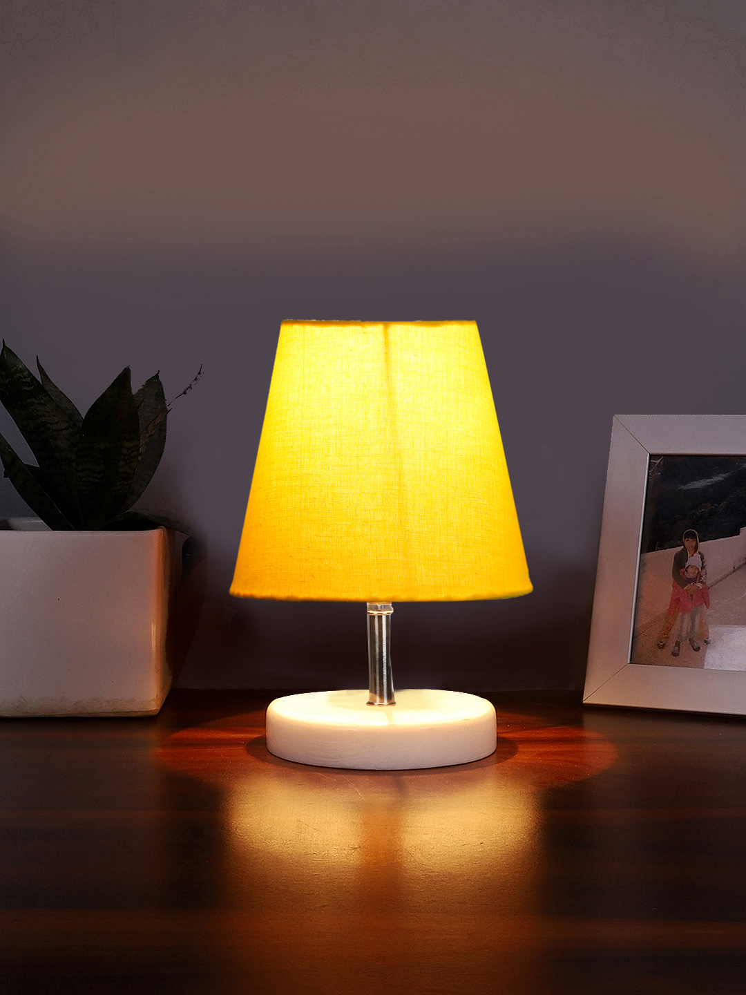 Ambika Home Yellow Cotton Shade Wooden Table Lamp | Modern Bedside Lamp for Bedroom, Living Room, Hotel, Café & Home Décor - Image 2