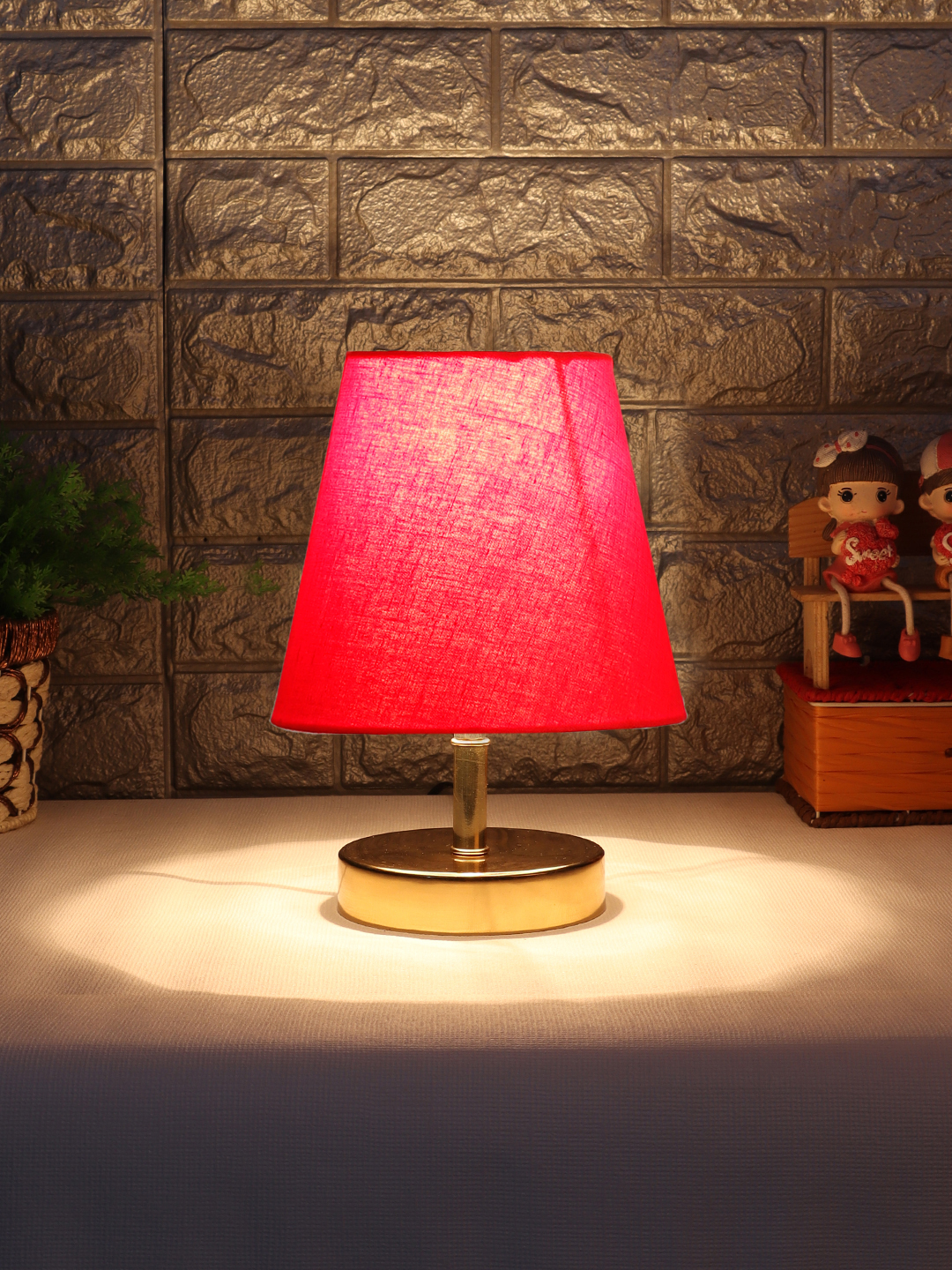 Ambika Home Red Cotton Shade Wooden Table Lamp | Modern Bedside Lamp for Bedroom, Living Room, Hotel, Café & Home Décor - Image 3