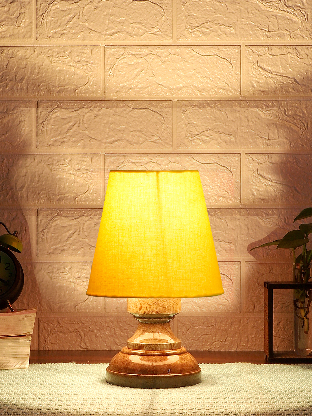 Ambika Home Yellow Cotton Shade Wooden Table Lamp | Modern Bedside Lamp for Bedroom, Living Room, Hotel, Café & Home Décor - Image 3