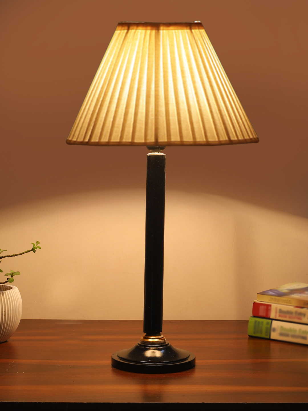 Ambika Home Rustic Black Wood Table Lamp with off-white Cotton Shade | Decorative Bedside Lamp for Bedroom, Living Room, Hotel & Office | E27 Holder | BH45 - Image 3