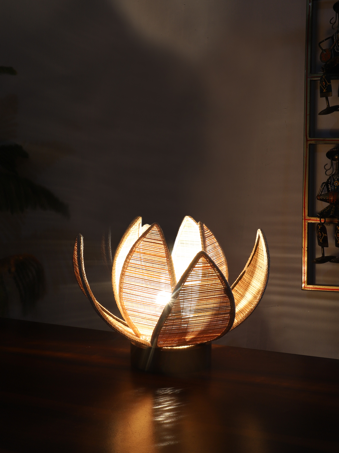 Ambika Home Premium Handmade Beige Bamboo Kamal Table Lamp with Round & Brown Wooden Base | Boho Bedside Lamp for Bedroom, Living Room, Hotel, Café & Office | E27 Holder - Image 3