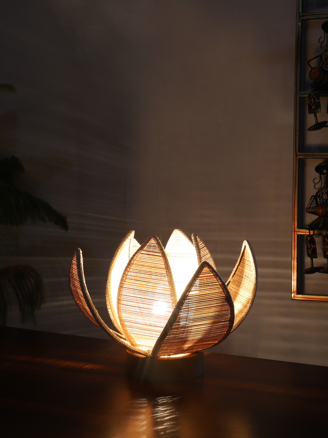 Ambika Home Premium Handmade Beige Bamboo Kamal Table Lamp with Round & Natural Wooden Base | Boho Bedside Lamp for Bedroom, Living Room, Hotel, Café & Office | E27 Holder - Image 3