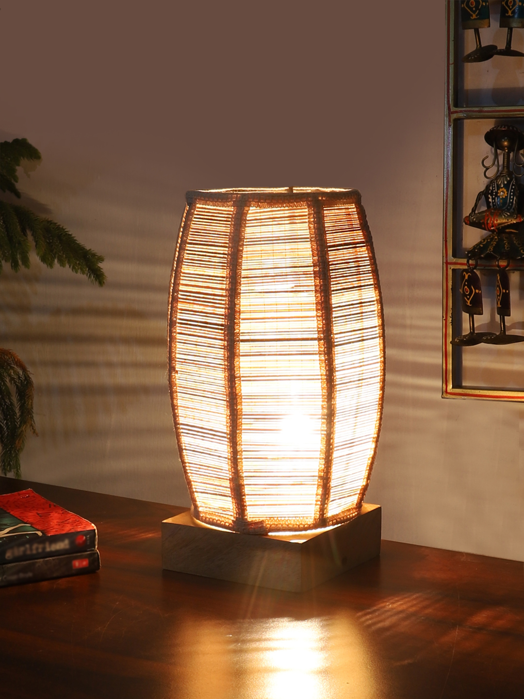 Ambika Home Premium Handmade Beige Bamboo Dholak Table Lamp with Square & Natural Wooden Base | Boho Bedside Lamp for Bedroom, Living Room, Hotel, Café & Office | E27 Holder - Image 3