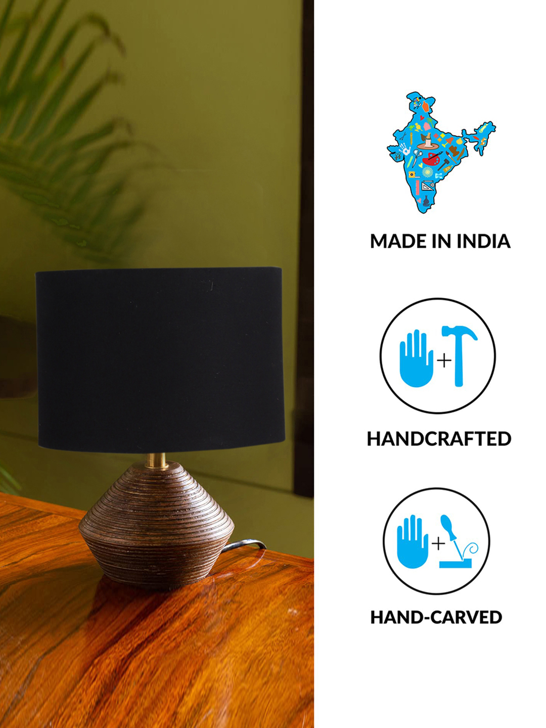 Ambika Home Wood Table Lamp with Black cotton Shade | Decorative Bedside Lamp for Bedroom, Living Room, Dining Room, Study Room, Office, Hotel, Café & Restaurant | Modern Home Décor | E27 Holder - Image 4