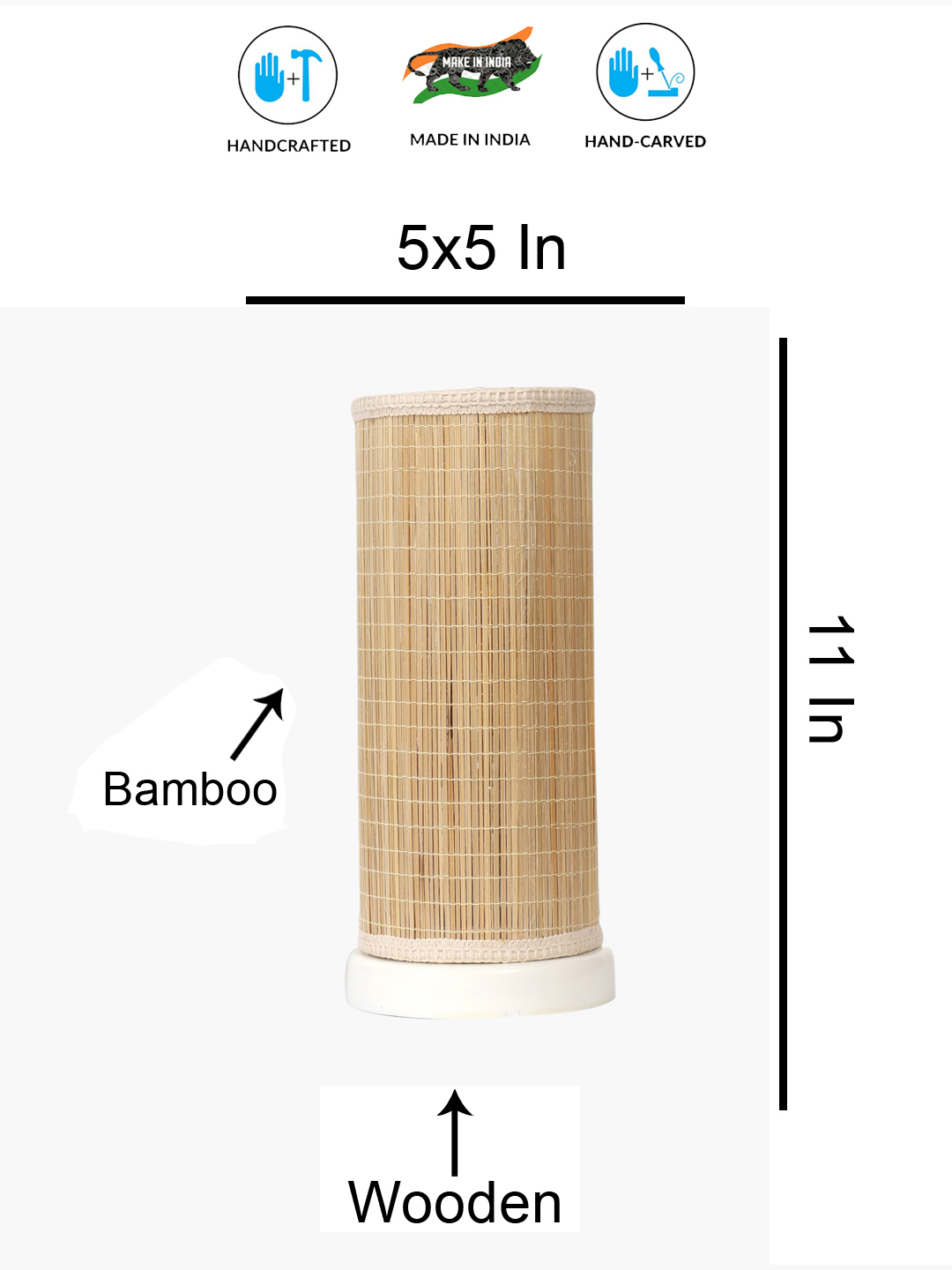 Ambika Home Premium Handmade Beige Bamboo Round Table Lamp with Round & White Wooden Base | Boho Bedside Lamp for Bedroom, Living Room, Hotel, Café & Office | E27 Holder - Image 5
